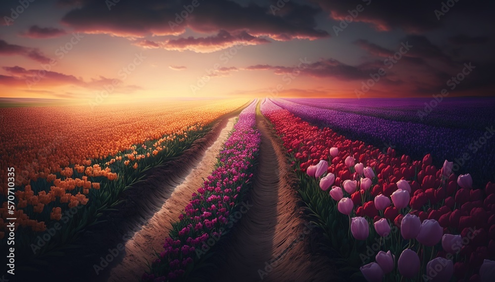  a painting of a sunset over a field of tulips and a dirt road leading to a field of flowers with a 