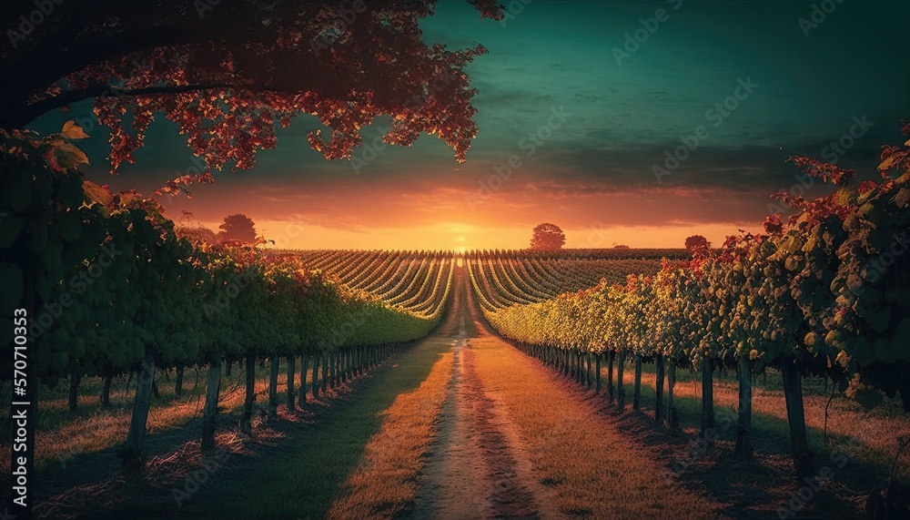  the sun is setting over a vineyard in the country side of the country side, with rows of vines in t