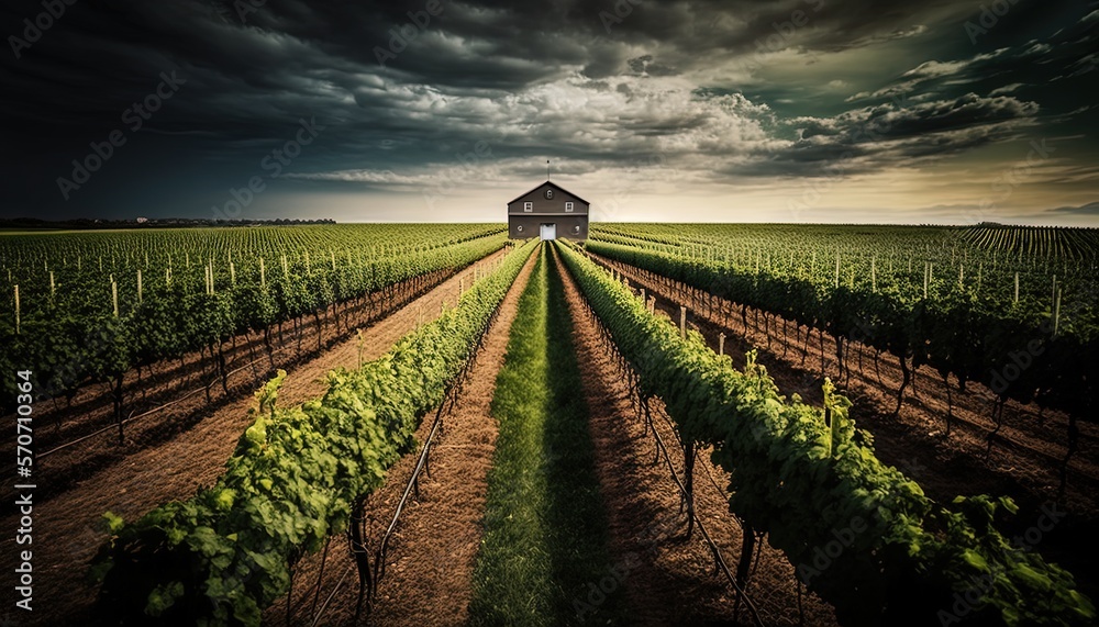  a barn in a field of green plants under a cloudy sky with a barn in the distance in the distance is