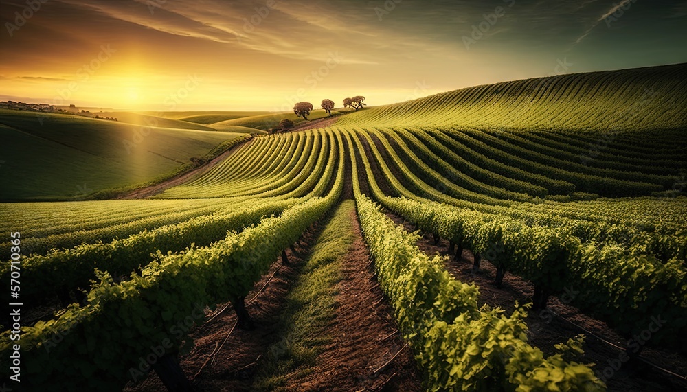  a green field with trees and a sunset in the background with a sun setting over the horizon and a r