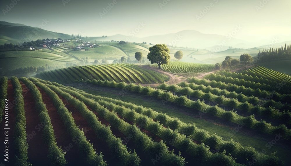  a scenic view of a lush green hillside with a tree in the middle of the field and a small village i