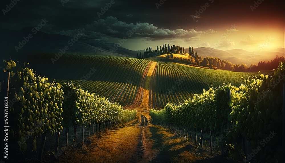  a painting of a road going through a vineyard at sunset with a dark sky in the background and trees