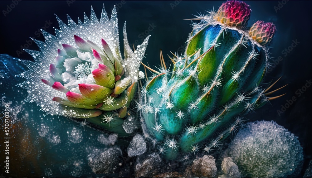  two cactus plants with water droplets on them, one of them is green and the other is pink and white