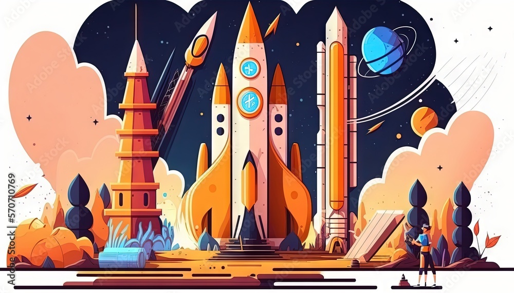  a colorful illustration of a space shuttle with a rocket in the background and a man standing in fr