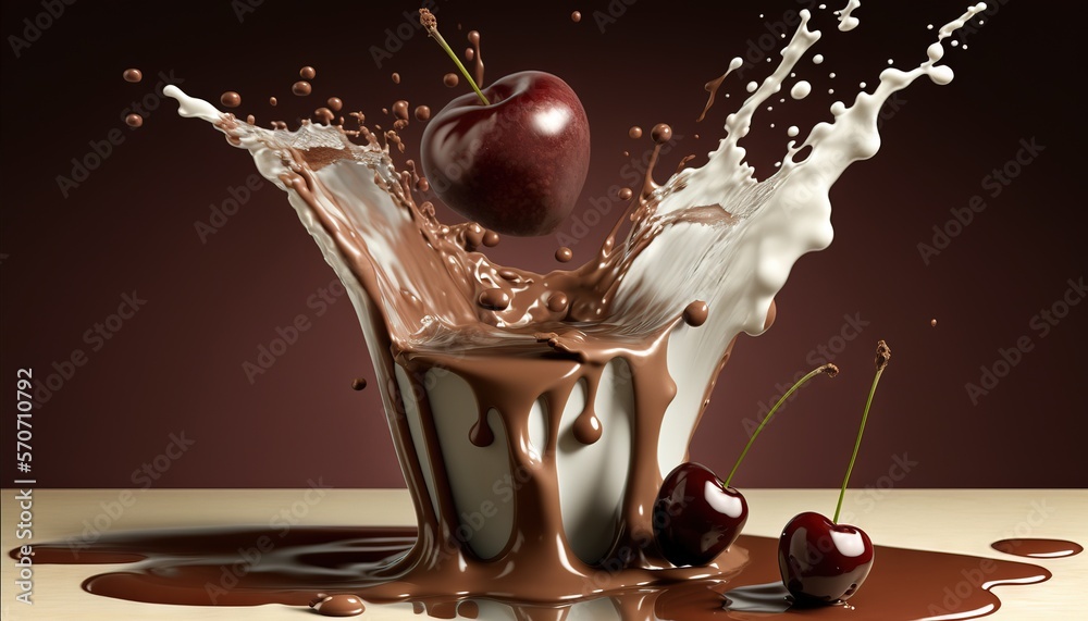  a chocolate milkshake with cherries splashing out of the top and a cherry on the side of the milksh