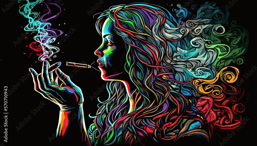  a woman smoking a cigarette with colorful smoke coming out of her mouth and her hair blowing in the