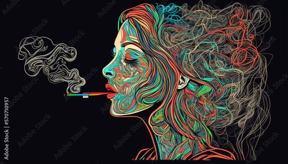  a woman smoking a cigarette with colorful smoke coming out of her mouth and hair blowing in the win