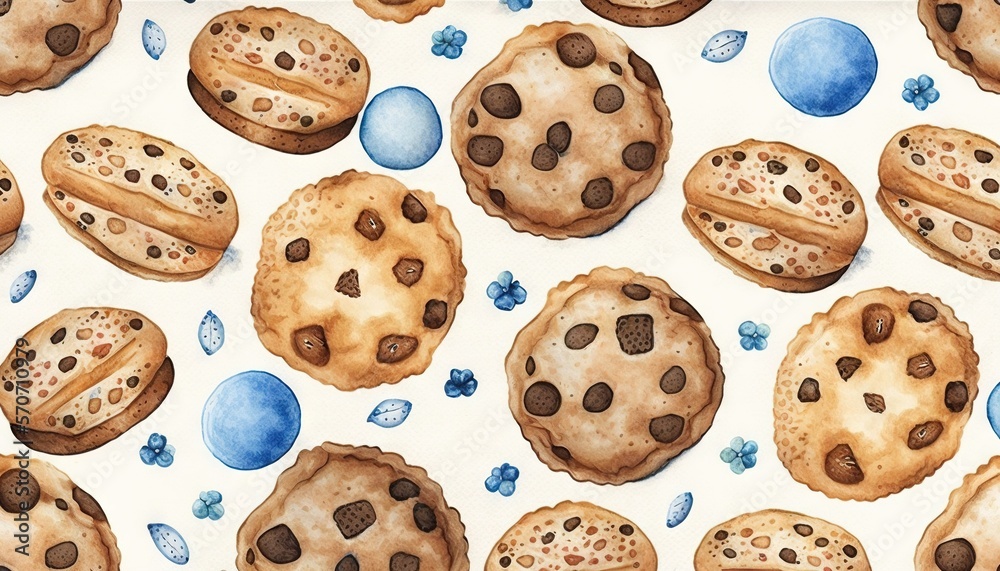  a painting of chocolate chip cookies and eggs on a white background with blue and brown spots on th