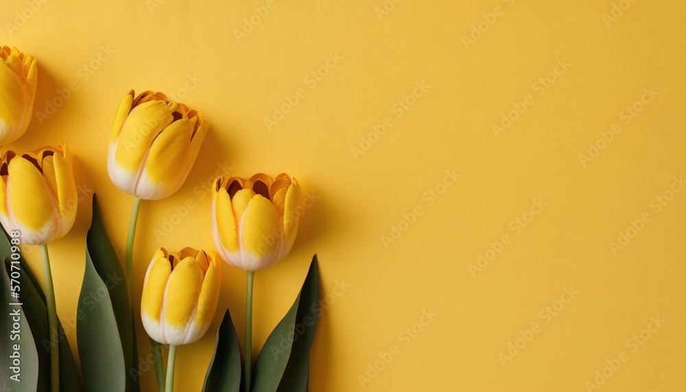  yellow tulips on a yellow background with green leaves on the bottom of the picture and the bottom 