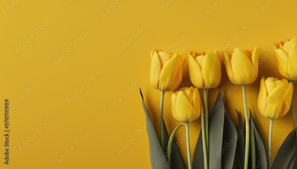  a group of yellow tulips on a yellow background with green leaves on the bottom of the picture and 