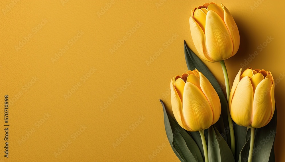  three yellow tulips on a yellow background with a green leafy stem on the left side of the picture 