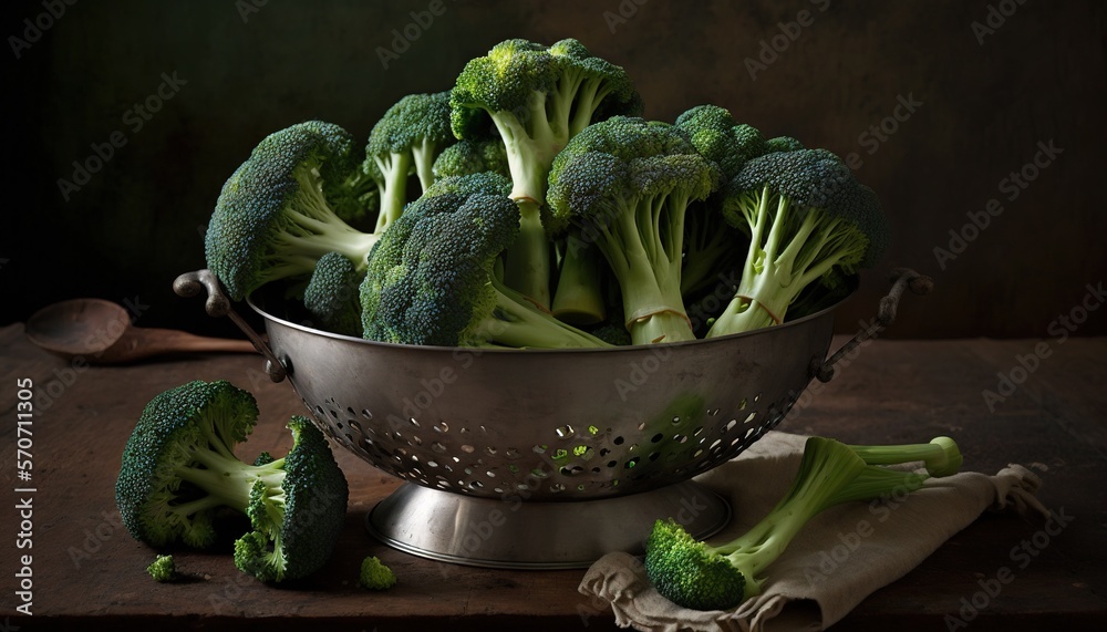  a metal colander filled with broccoli on top of a wooden table next to a spoon and a cloth napkin o