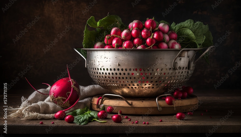  a metal colander filled with radishes on a wooden table next to a radish and a cloth bag on a woode