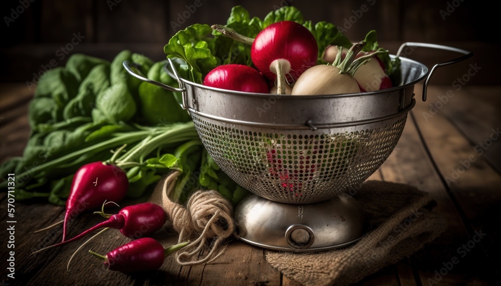  a metal colander filled with lots of fresh vegetables on top of a wooden table next to green leafy 