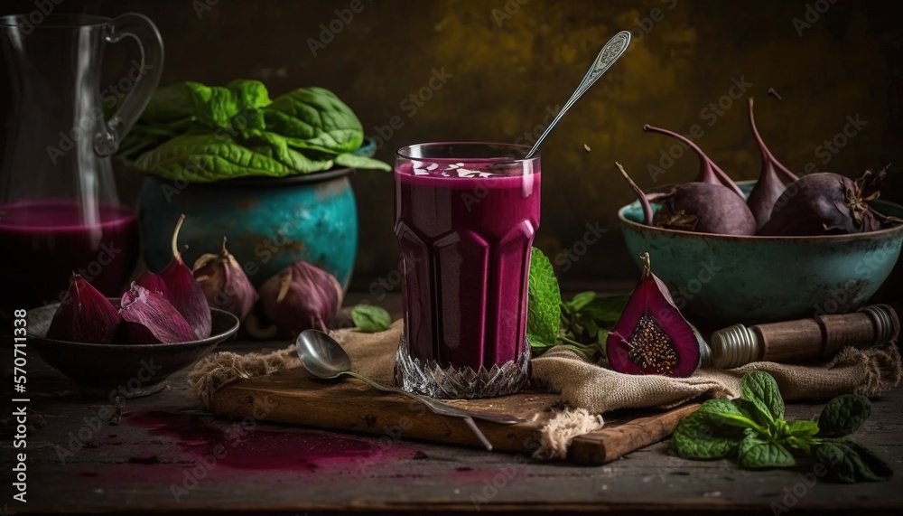  a glass of beet juice next to a bowl of beets and a bowl of spinach leaves and a bowl of spinach.  