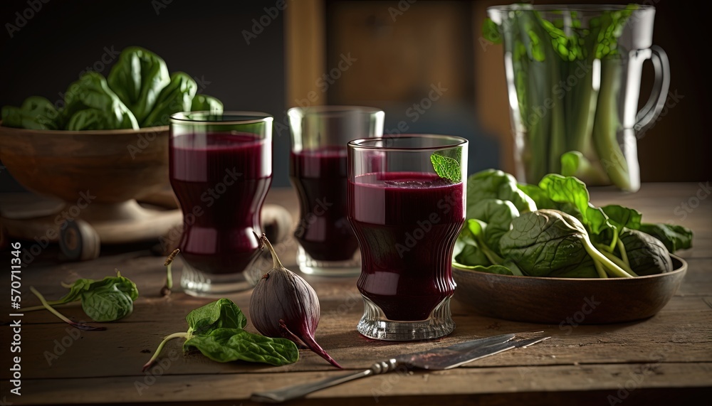  a wooden table topped with glasses filled with liquid and vegetables next to a bowl of spinach leav