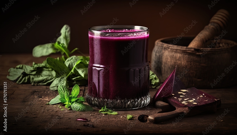  a glass filled with a purple liquid next to a wooden spoon and a wooden box with a wooden spoon on 