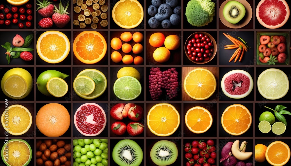  a bunch of different fruits are arranged in a grid together to form a pattern on a black background