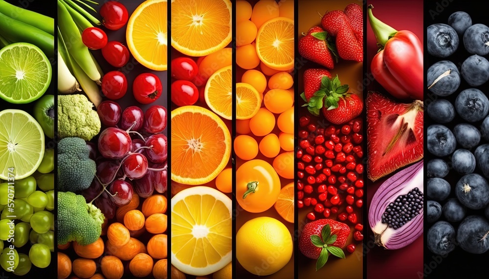  a collage of different fruits and vegetables with a black background and a red stripe in the middle