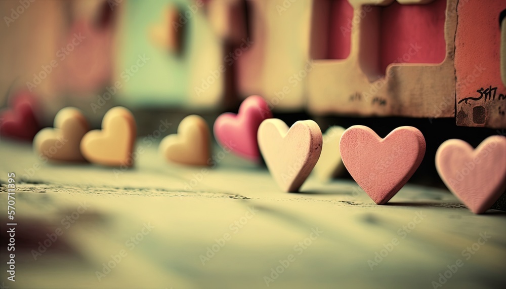  a row of wooden hearts sitting on top of a wooden floor next to a wall with graffiti on it and a wa