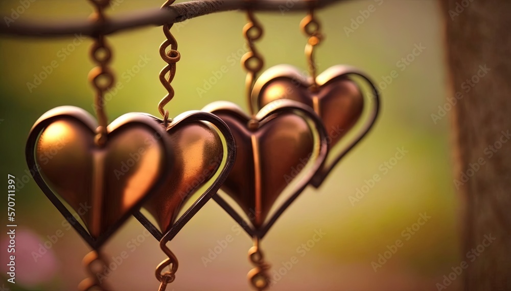  a group of hearts hanging from a tree branch with a blurry background of trees in the background an