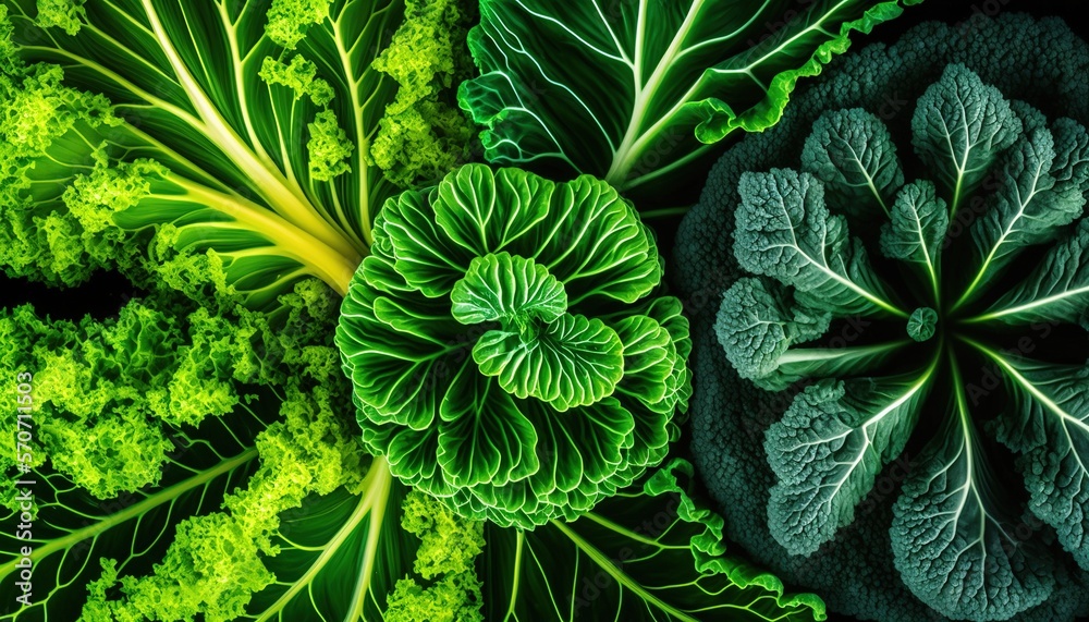  a group of green leafy vegetables on a black background, top view, from above, with a place for tex