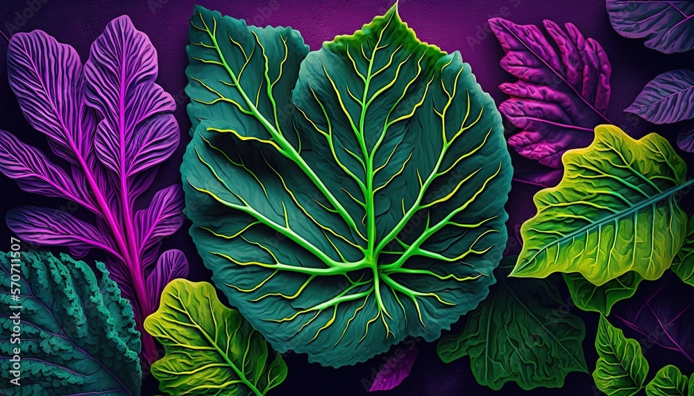  a painting of green leaves and purple leaves on a purple background with a green stem in the center