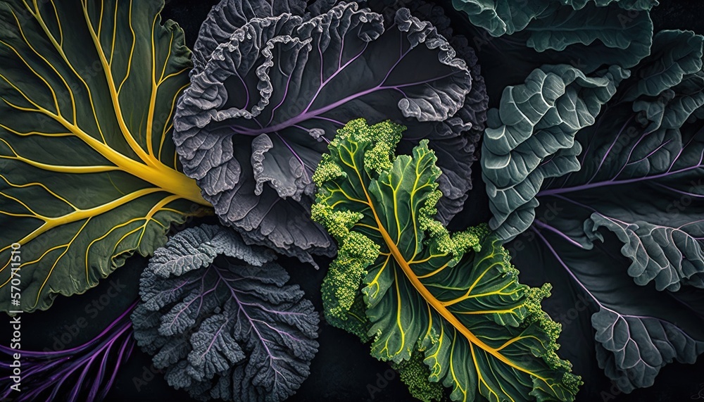  a group of leafy vegetables sitting on top of a black table top next to each other on a black surfa