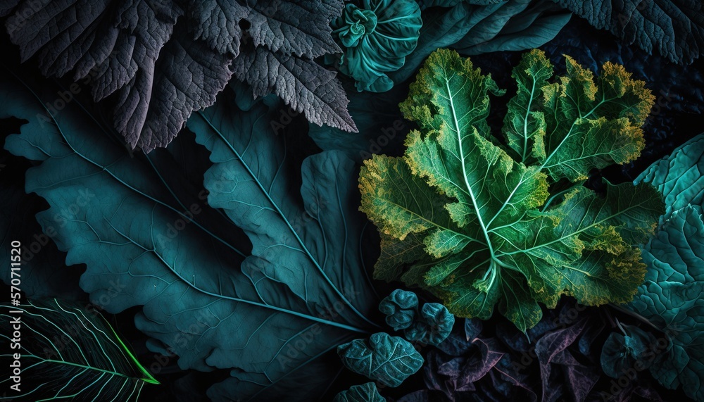  a group of leafy plants sitting on top of a black surface with green leaves on top of them and a gr