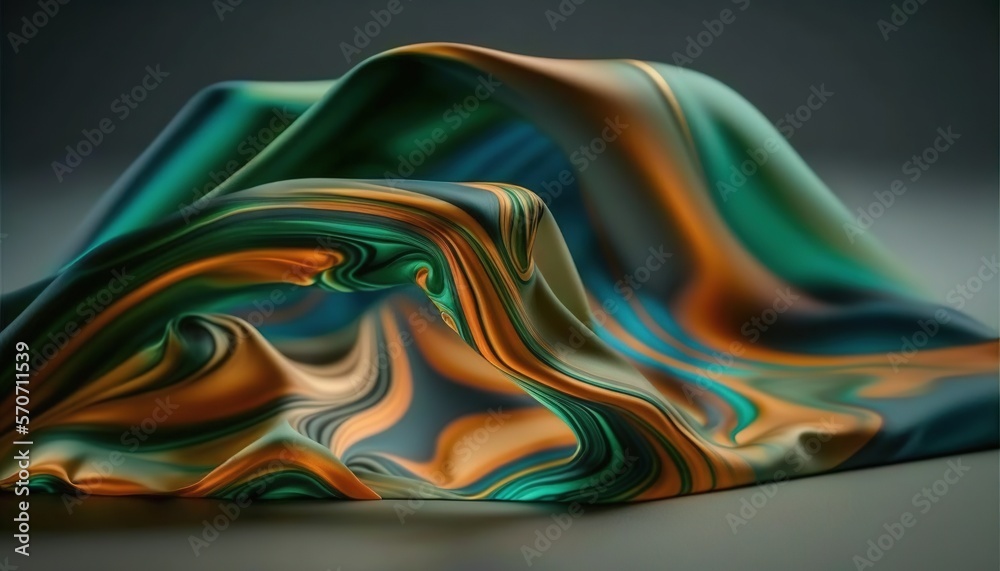  an abstract painting of a mountain in green, orange, and blue colors with a black background and a 