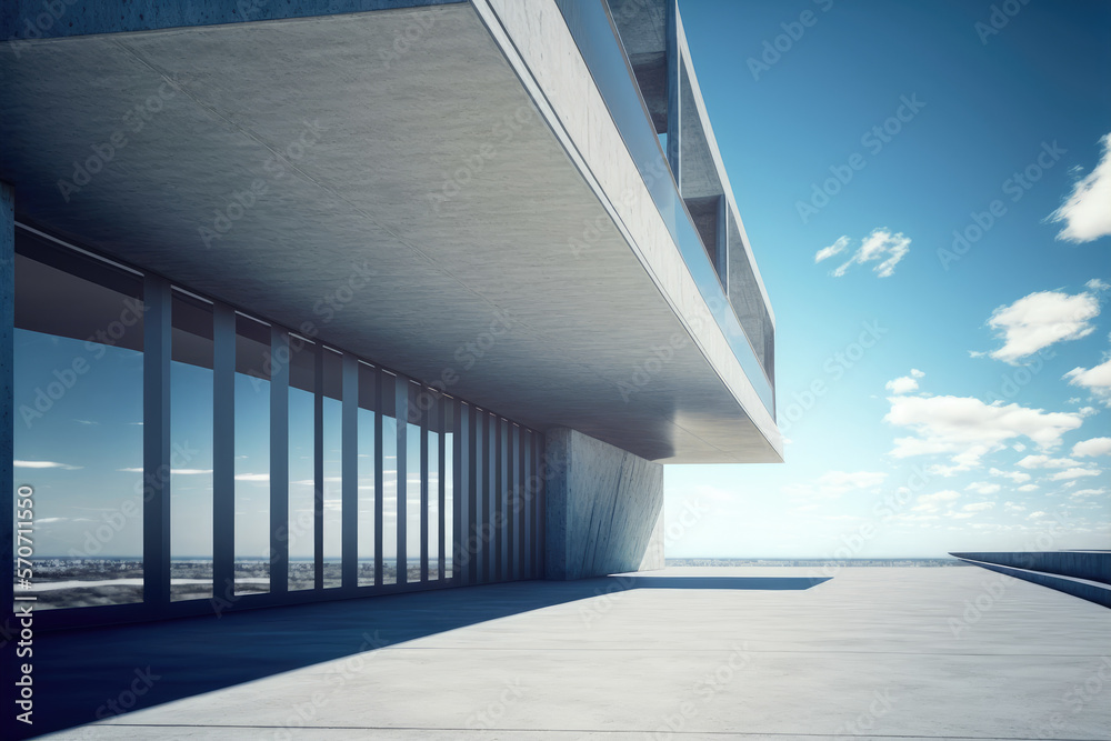 Modern architecture exterior of public hall entrance in urban building outdoor under bright sky with