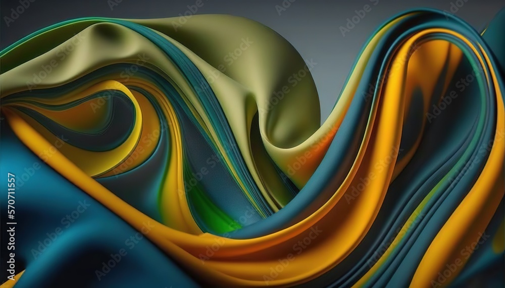  an abstract painting of a blue, yellow, and green wavy design on a black background with a gray bac