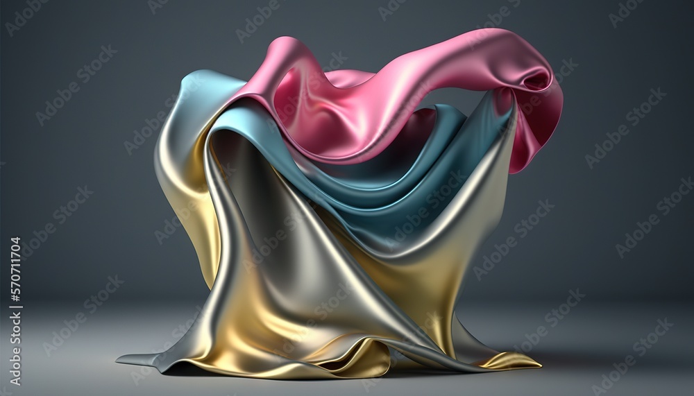  a very colorful object with a very long flowing fabric on its back end and a black background with