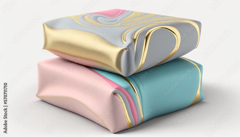  a stack of three different colored bags on top of each other on a white surface with a gold and sil