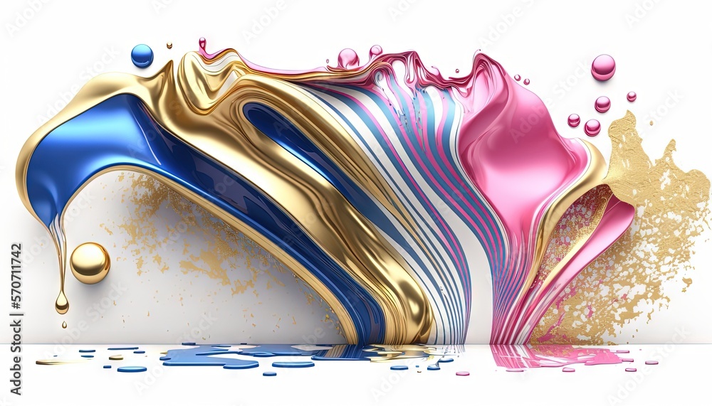  a colorful liquid splash with gold and blue swirls on a white background with a splash of water on 