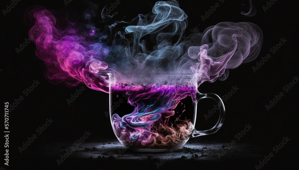  a cup filled with liquid and smoke on top of a black background with a black background and a purpl