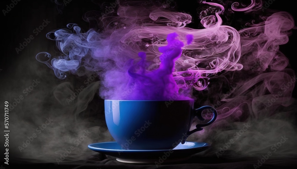  a cup of coffee with smoke coming out of the top of the cup on a saucer on a black background with 