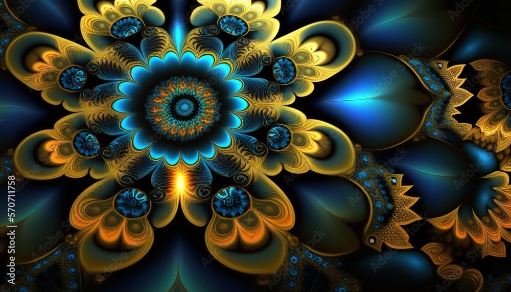  a computer generated image of a blue and yellow flower with a center surrounded by smaller blue and