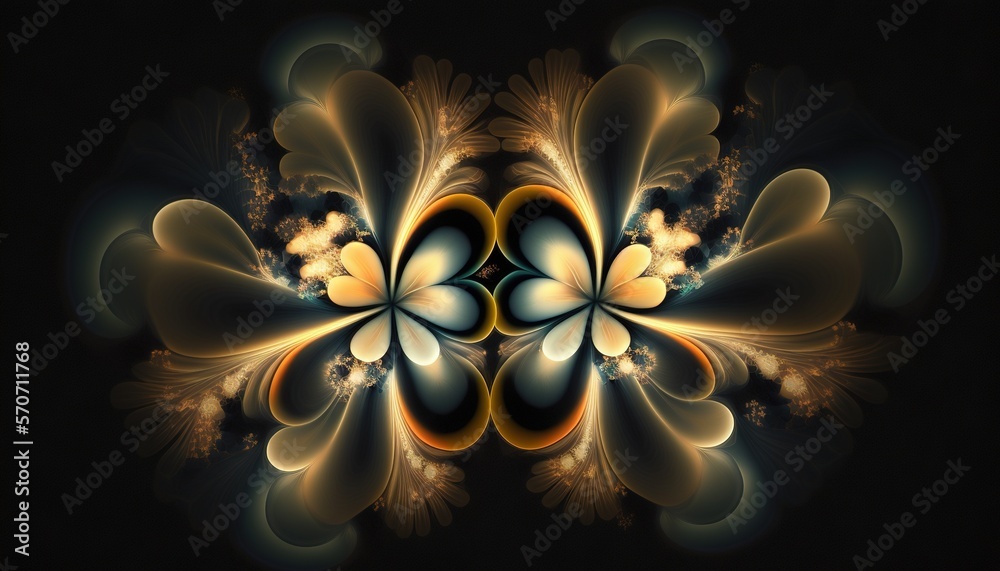  a computer generated image of a flower with a black background and yellow and orange petals in the 