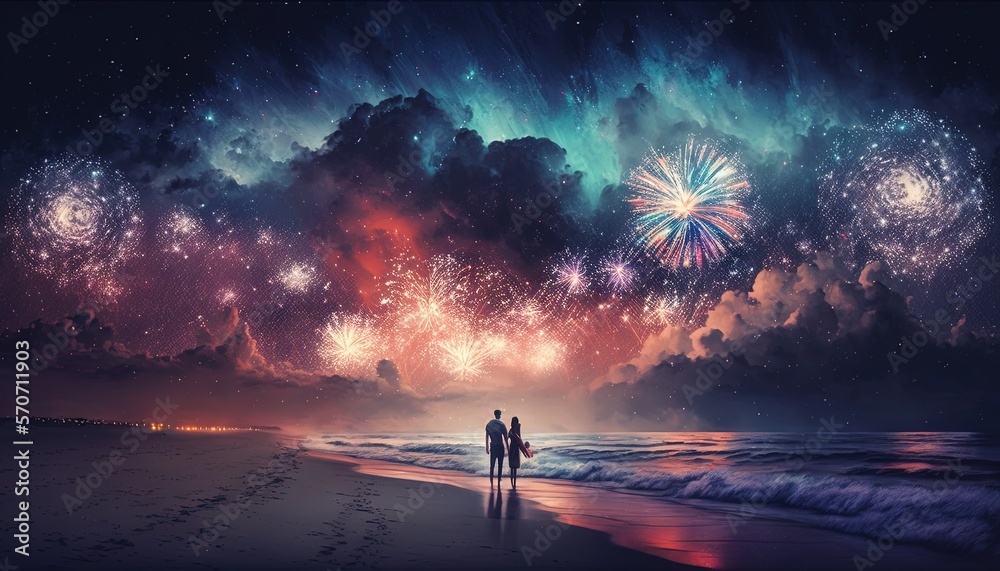  two people standing on a beach watching fireworks go off in the sky over the ocean and beach area o