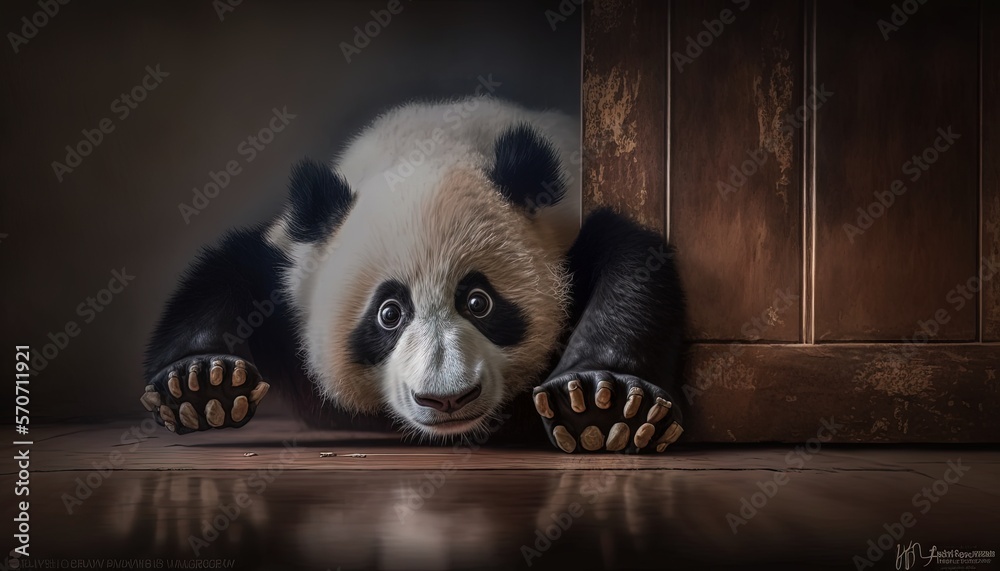  a panda bear is peeking out from behind a wooden door with his paws on the floor and his face is sl