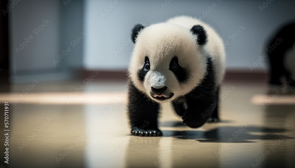  a panda bear walking across a hard wood floor next to another panda bear on the floor in a room wit