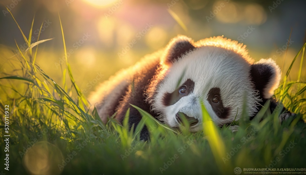  a panda bear laying in the grass with its eyes closed and his head turned to the side, with the sun