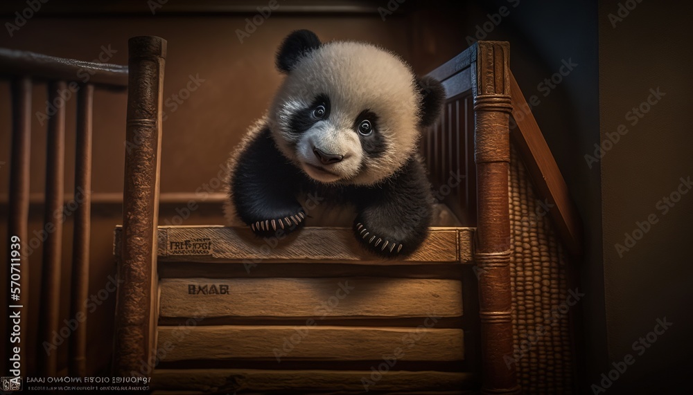  a panda bear sitting on top of a wooden stair case next to a wooden handrail and looking at the cam