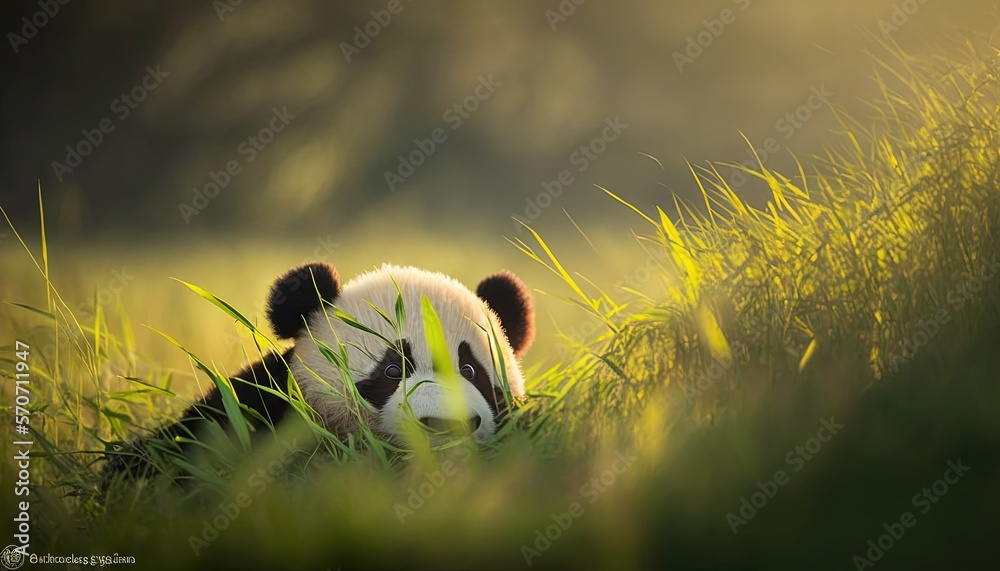  a panda bear is laying in the tall grass and looking at the camera with a smile on his face and his