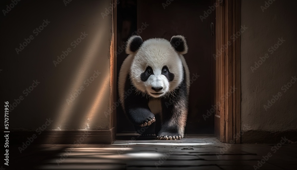  a panda bear is walking out of a doorway into the dark room with his paw on the door handle and his