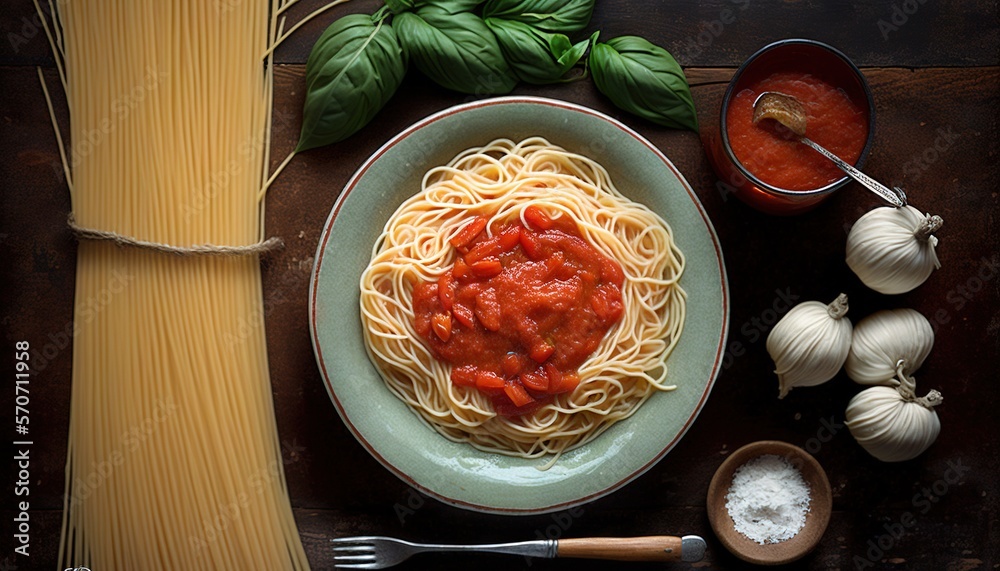  a plate of spaghetti with sauce and garlic on a wooden table next to garlic, garlic, and garlic bre