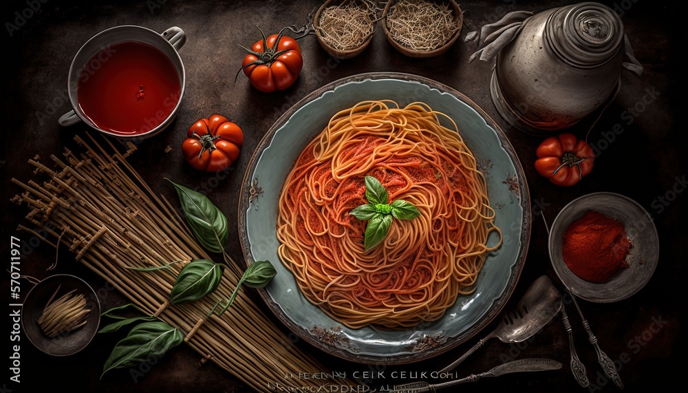  a plate of spaghetti with tomato sauce and basil on a table with spices and utensils and a teapot o