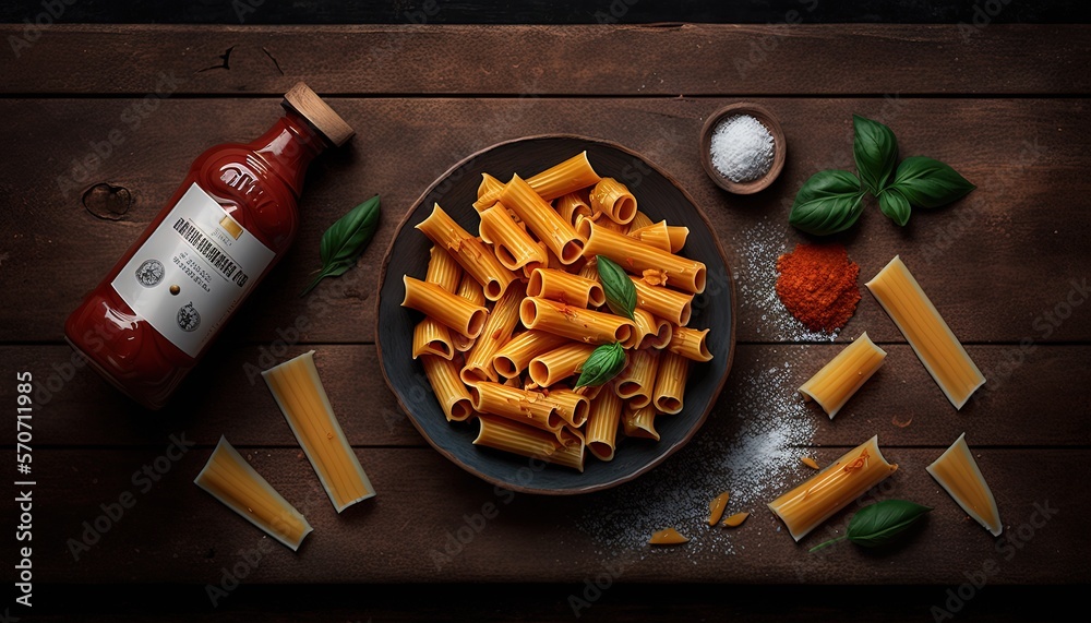  a plate of pasta and spices on a wooden table next to a bottle of ketchup and seasoning on the tabl