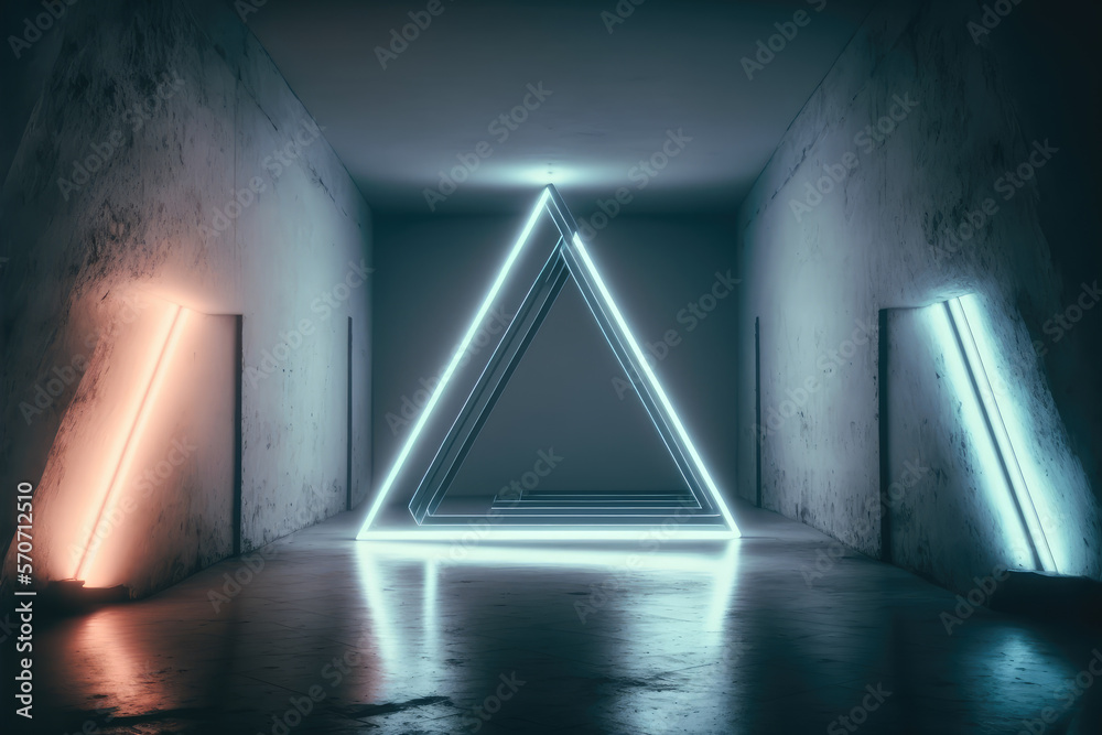 Concrete room with triangle portal illuminated by blue and orange neon light. Peculiar AI generative